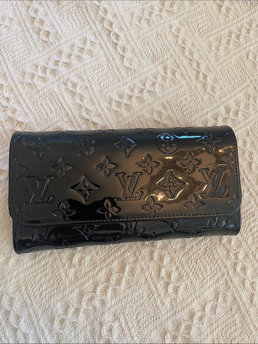 No Brand Black Monogram Patent Leather Long Wallet with chain